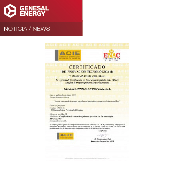 genesal energy consigue certificado innovacion tecnologica acie