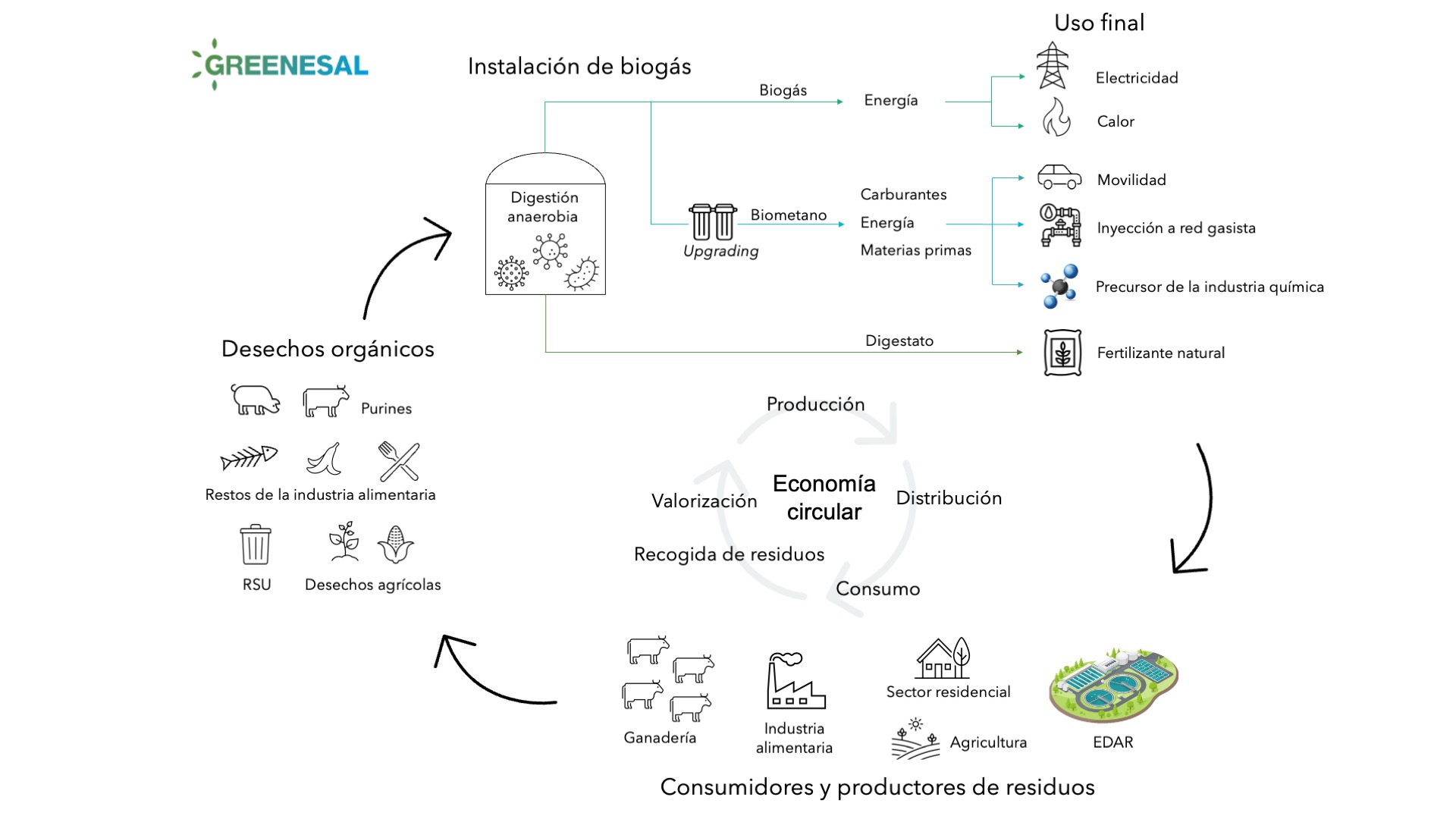 Esquema del proceso de producción y uso del biogás y biometano