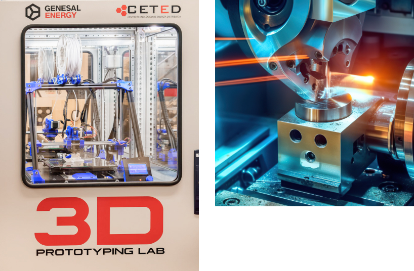 3D prototyping lab and machining process in industrial manufacturing.