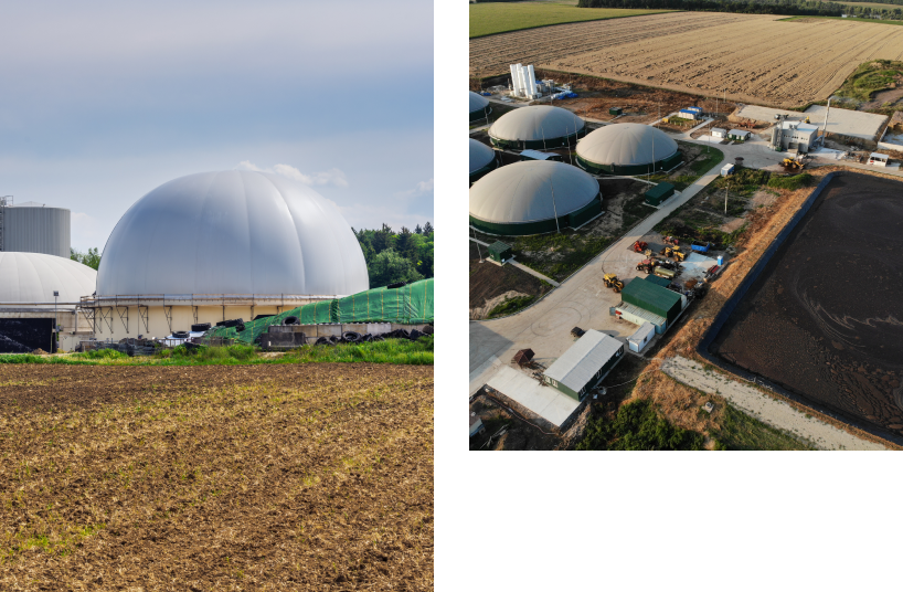 Biogas plant facilities surrounded by agricultural fields and waste management areas.
