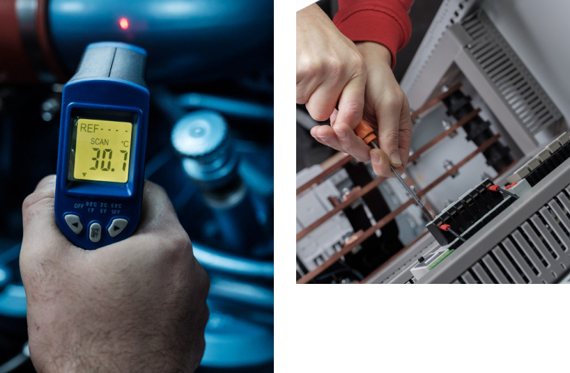 Diagnosis and repair of a generator set failure, including temperature measurement and electrical adjustment.