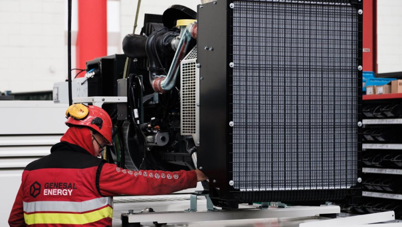 Genesal Energy technician inspecting a generator set.