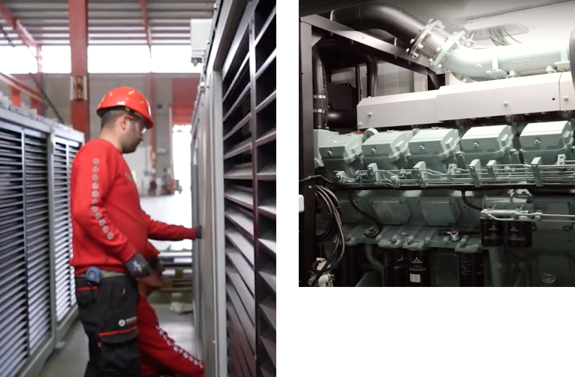 Workers manufacturing and inspecting a generator set, with a detailed view of its engine.