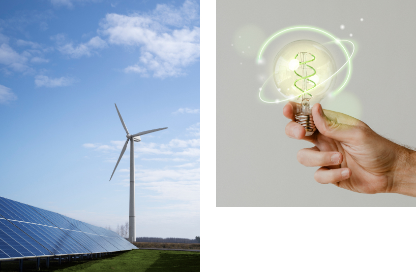 Solar panels and wind turbine next to a symbolic lightbulb with green DNA, representing the integration of renewable energy and technology in power generation.