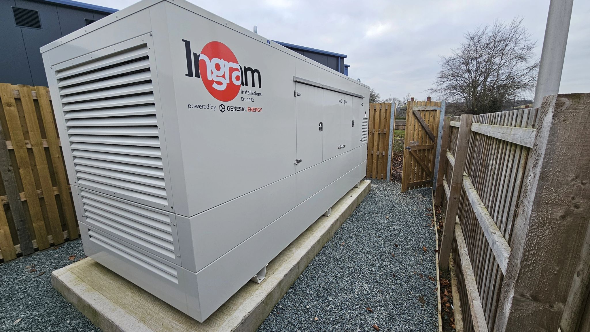 Genesal Energy generator installed outdoors at an industrial facility in the UK