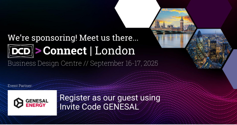 Genesal Energy banner as a sponsor at DCD Connect London 2025, with invitation code GENESAL