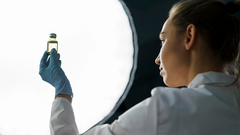 Lab technician analyzing a biofuel sample in a vial under inspection light