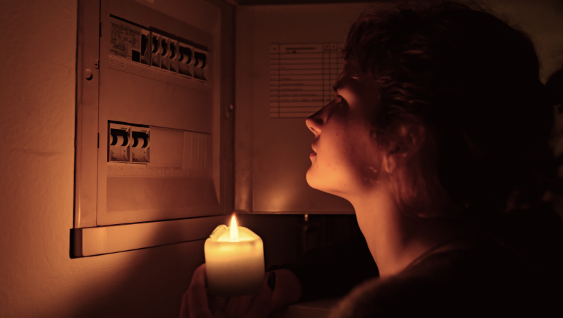 Woman with a candle checking the electrical panel during a power outage at home