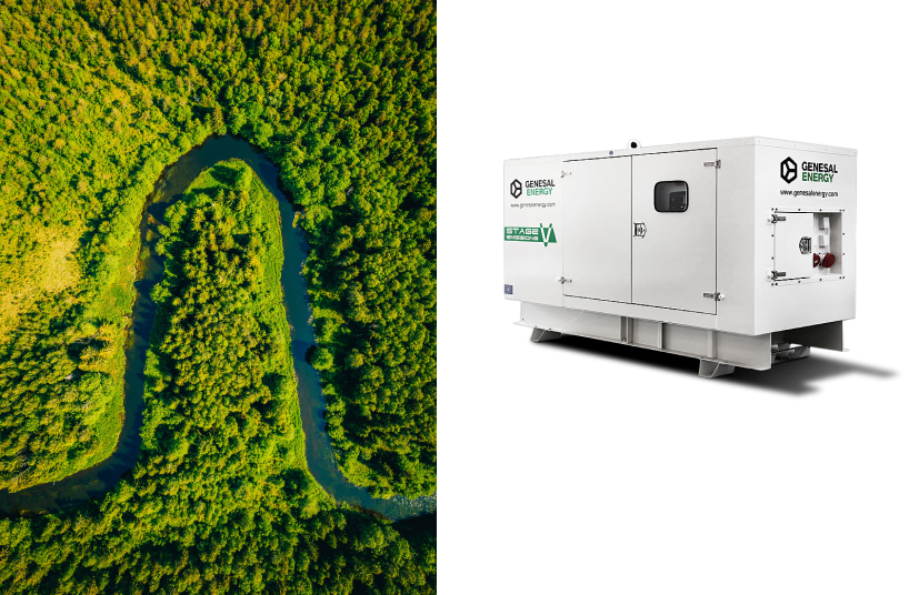 Aerial landscape of a river surrounded by forests next to a Stage V generator set from Genesal Energy 