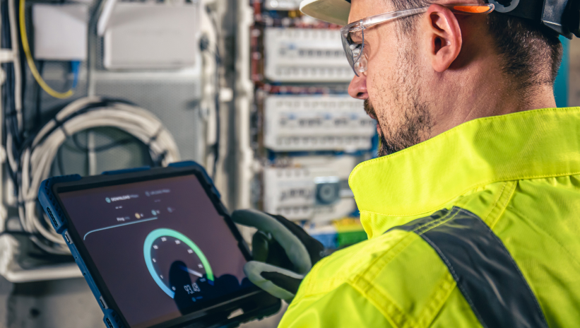 Technician inspecting an electrical panel while checking performance data on a tablet.