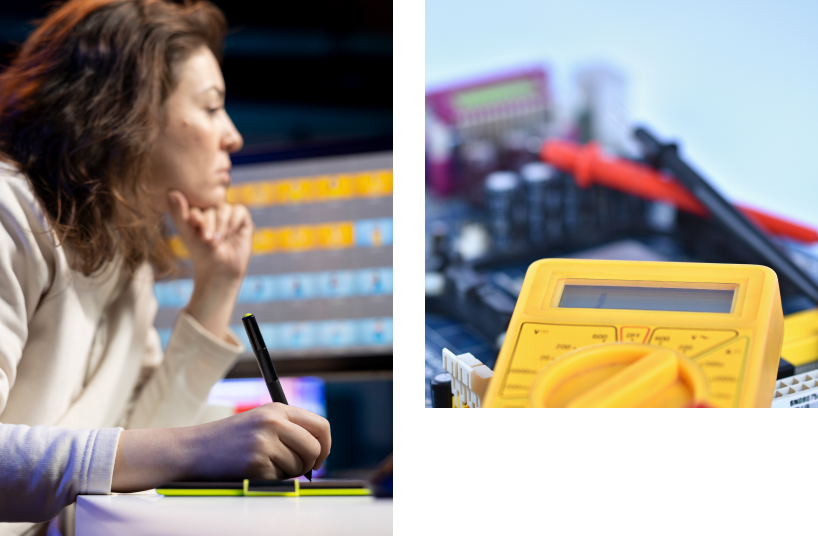 Professional analysing electrical consumption on screen and measurement tools (kW and kVA).
