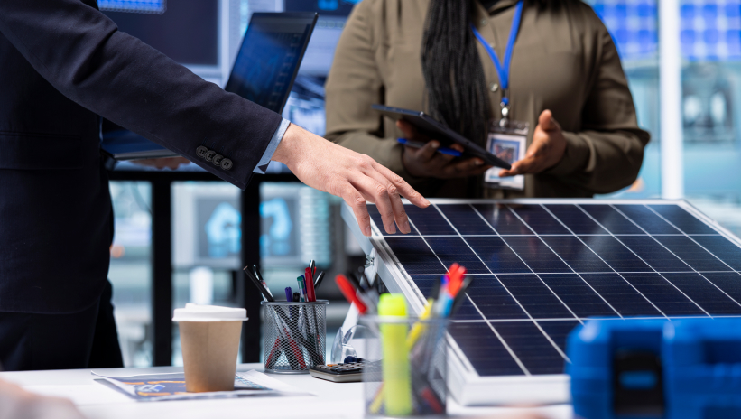 Technicians inspecting a solar panel in a technical work environment.