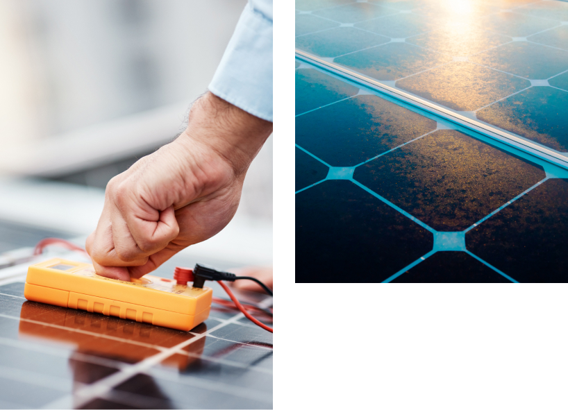 Technician measuring the performance of a solar panel with a multimeter.